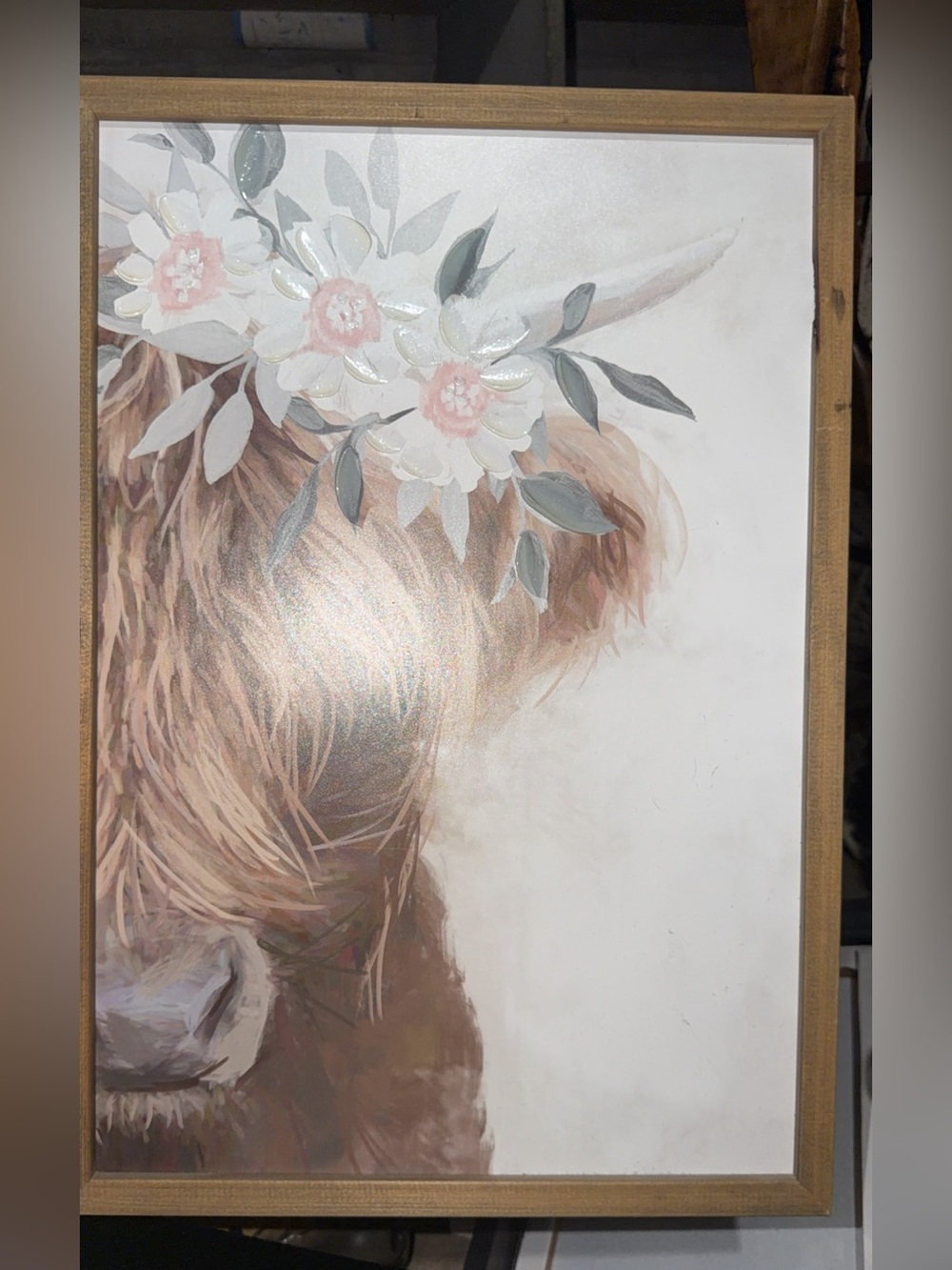 Neutral Floral Highland Cow Canvas Wall Art - Pink & White